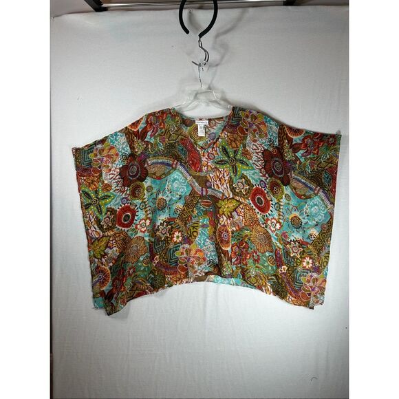 Susan Graver Boho Fall Floral Patchwork Top L Sheer Tunic Caftan Blouse - Picture 2 of 9